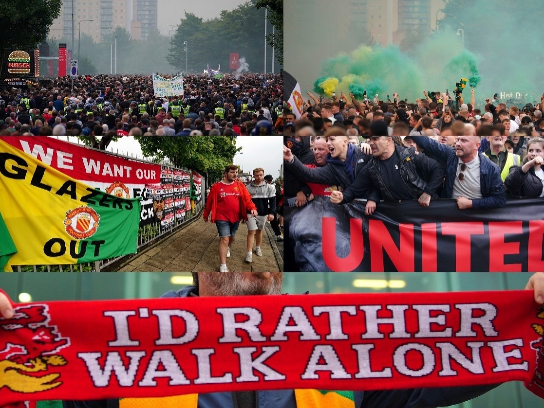 Protestujúci fanúšikovia United s fotkou amerického majiteľa Manchestru Joela Glazera