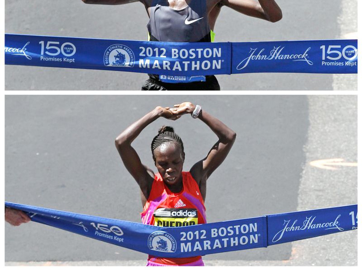 Wesley Korir a Sharon Cheropová v cieli bostonského maratónu