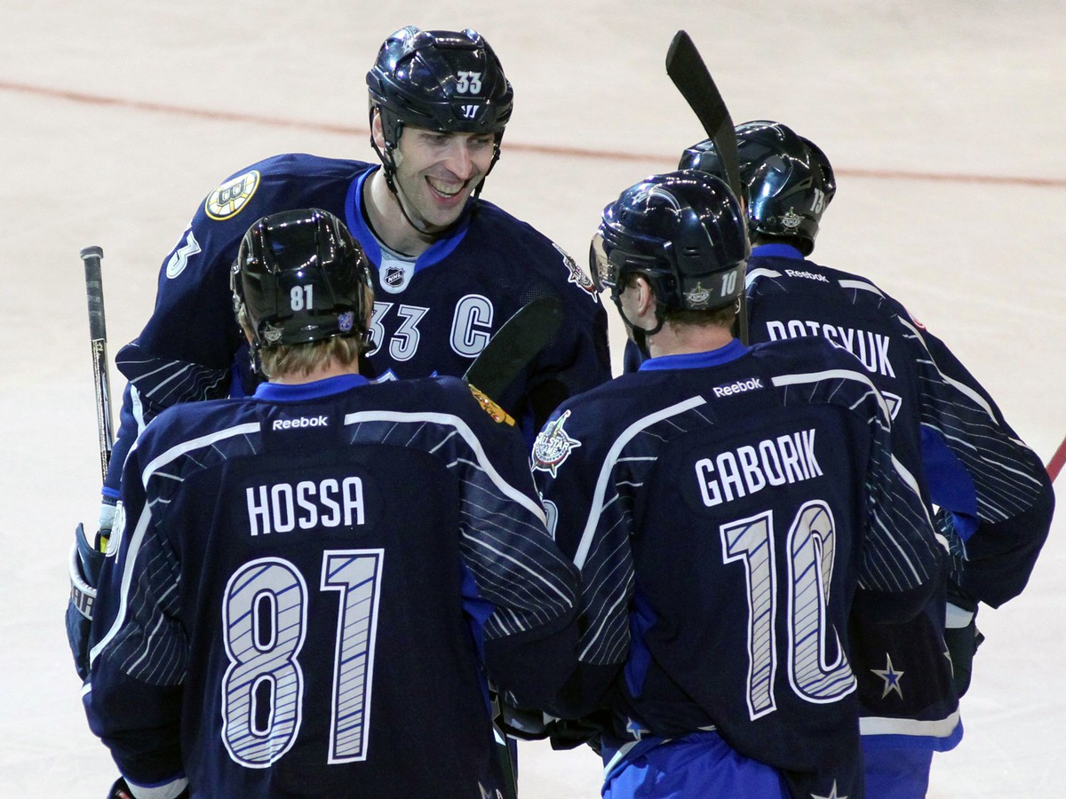Chára, Hossa, Gáborík a Datsyuk sa radujú z víťazstva