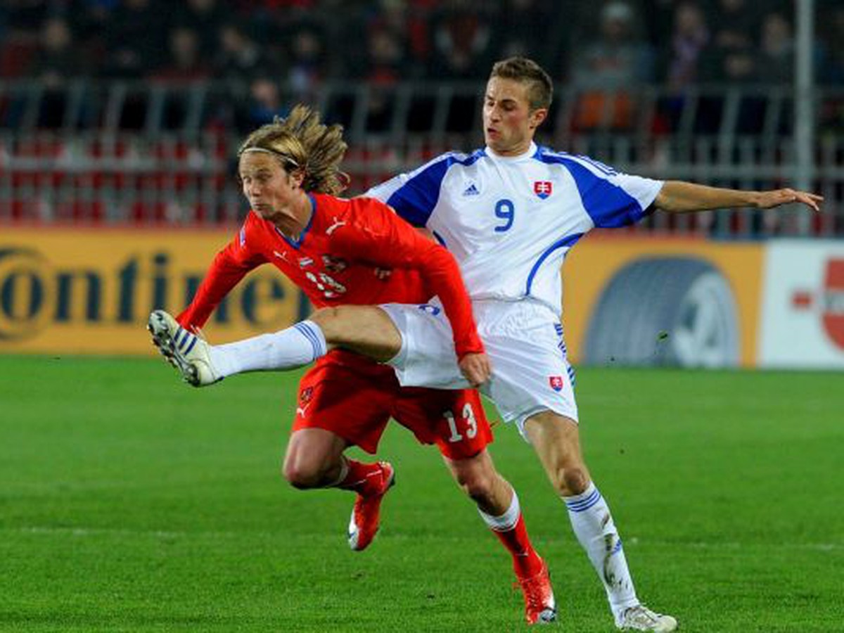 Radoslav Kováč a Stanislav Šesták v súboji o loptu v kvalifikačnom zápase Česko - Slovensko  na MS 2010  