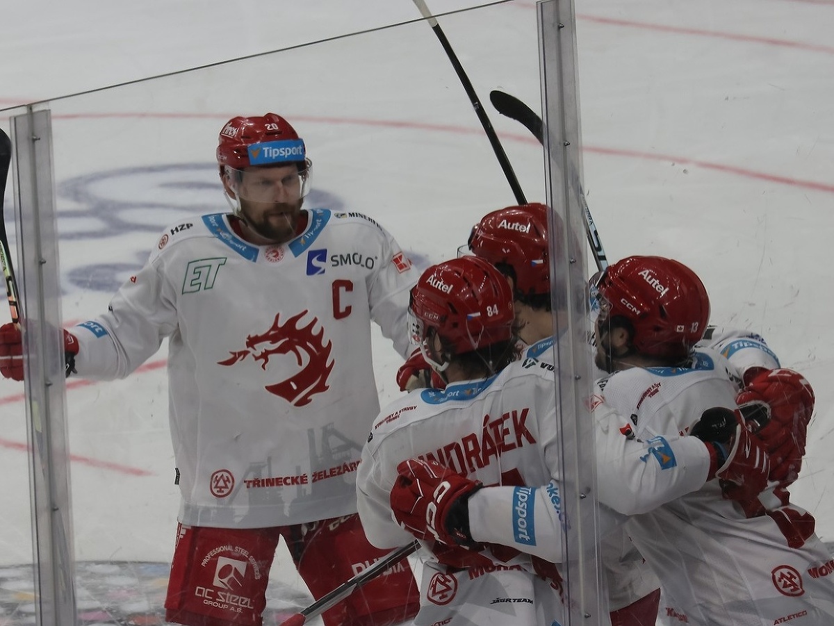 Hokejisti HC Oceláři Třinec oslavujú gól