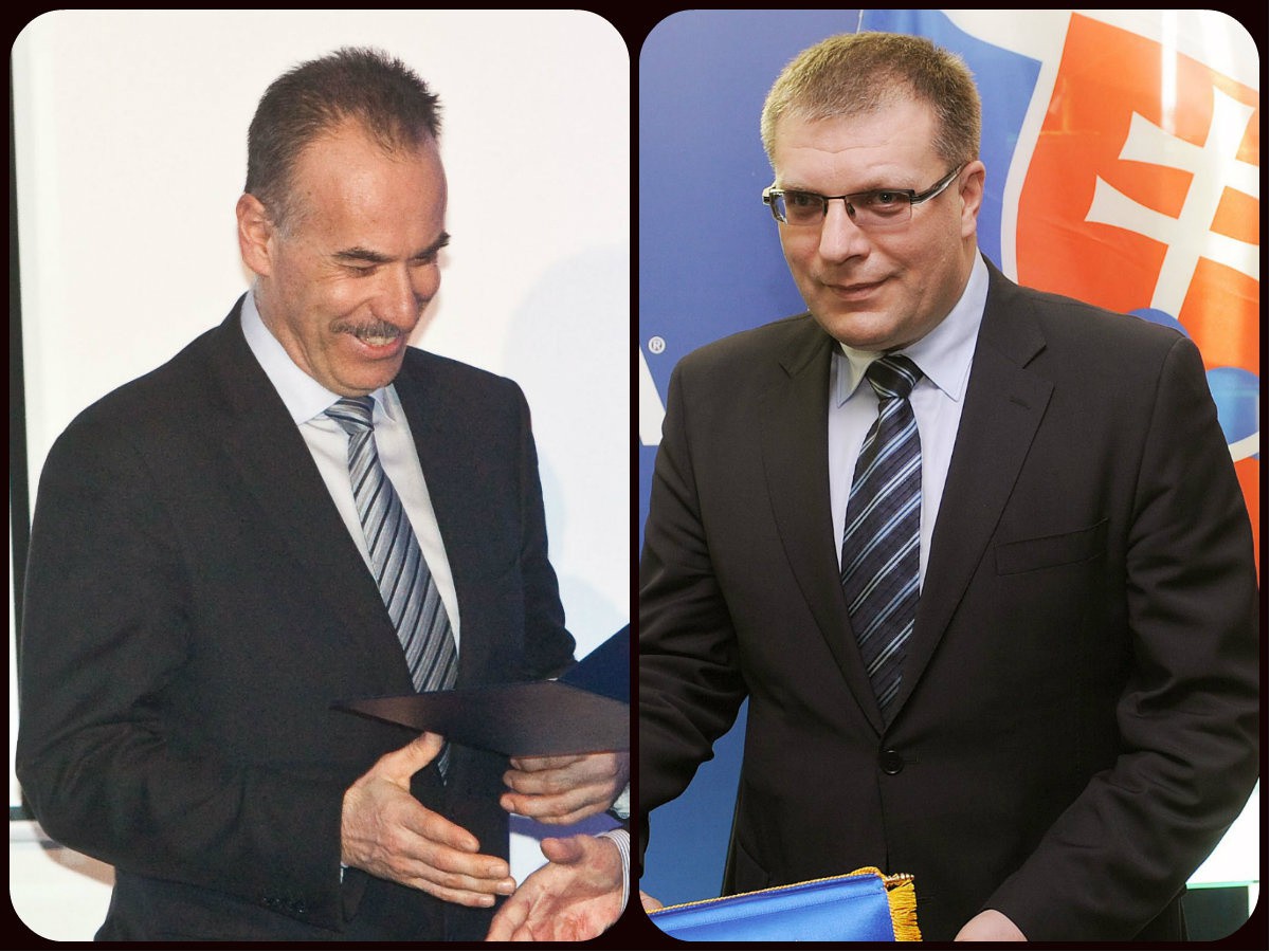 Šéf Slovenského zväzu ľadového hokeja Igor Nemeček (vľavo) a prezident Slovenského futbalového zväzu Ján Kováčik.