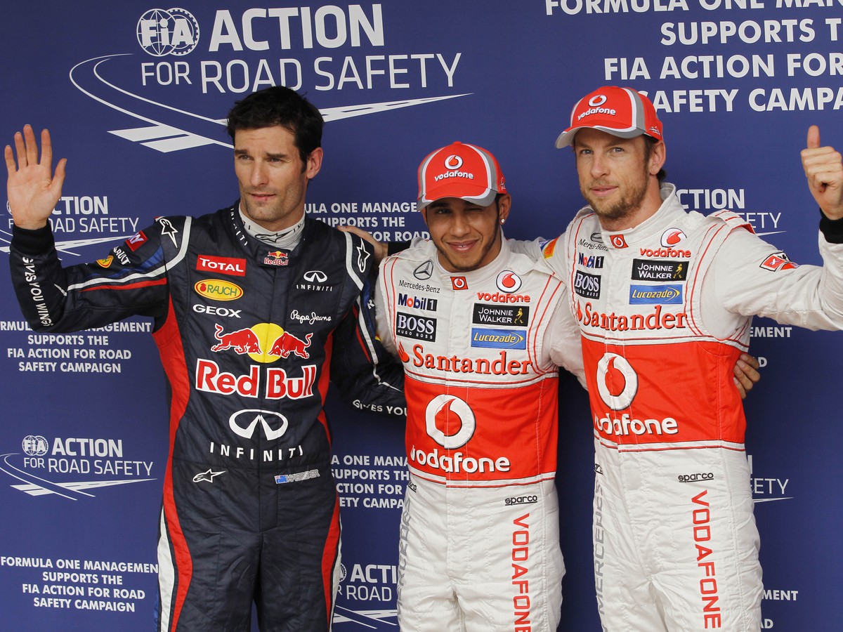 Mark Webber, Lewis Hamilton a Jenson Button