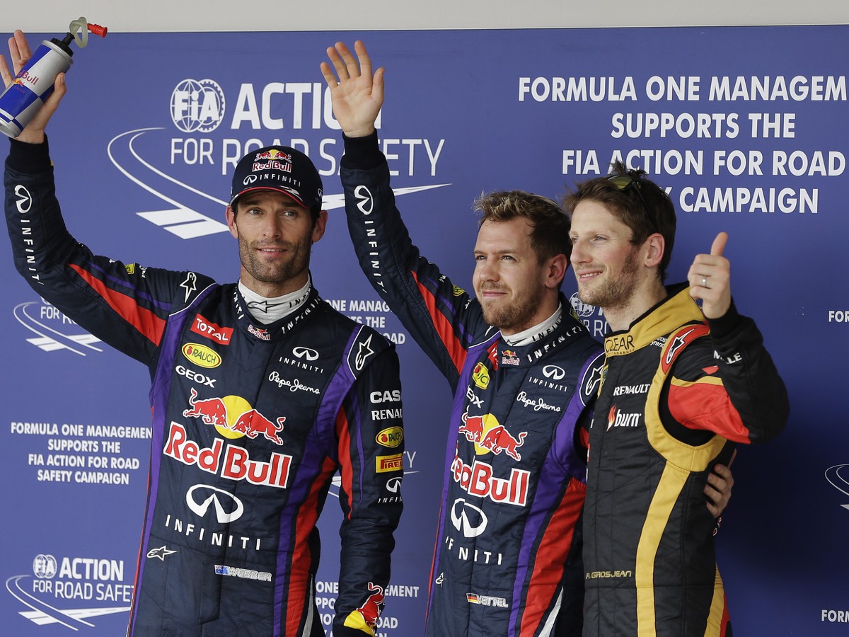 Mark Webber, Sebastian Vettel a Romain Grosjean