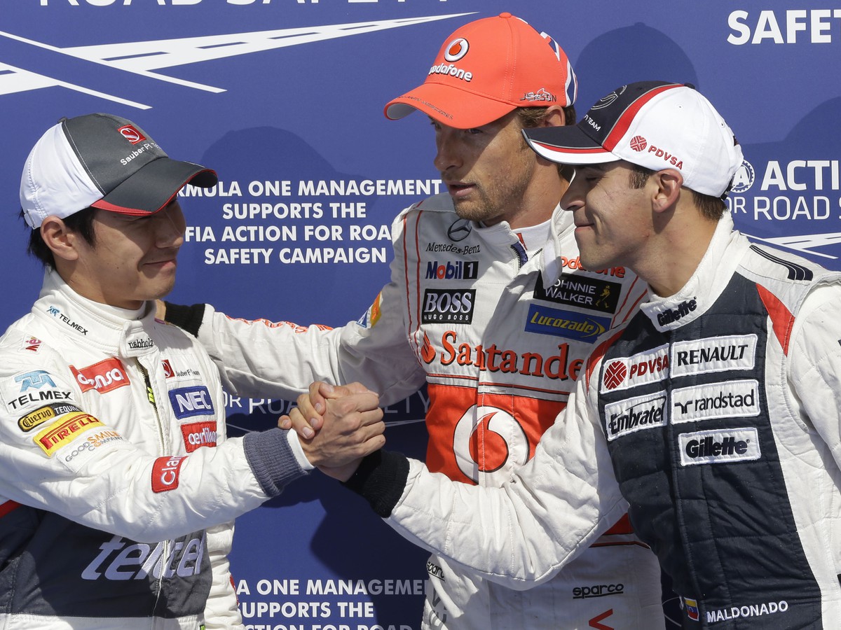 Jenson Button, Kamui Kobajaši a Pastor Maldonado po kvalifikácii