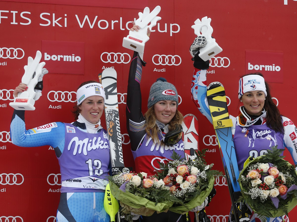 Stupeň víťazov: Maria Pietiläová-Holmnerová, Mikaela Shiffrinová a Nastasia Noensová 