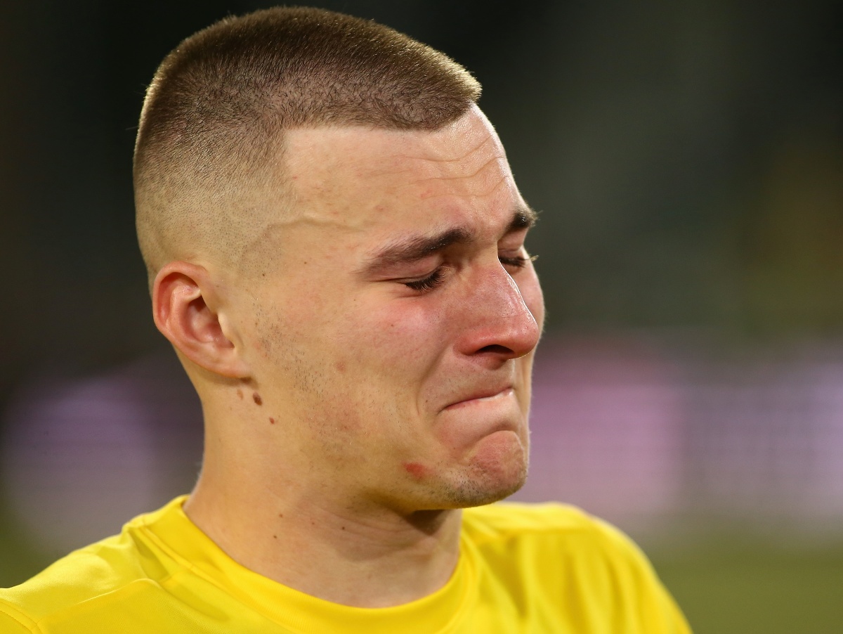 Kapitán Žiliny Tomáš Jaššo (Žilina) smúti po zápase osemfinále mládežníckej Ligy majstrov (UEFA Youth League) vo futbale medzi MŠK Žilina - FC Kodaň v Žiline
