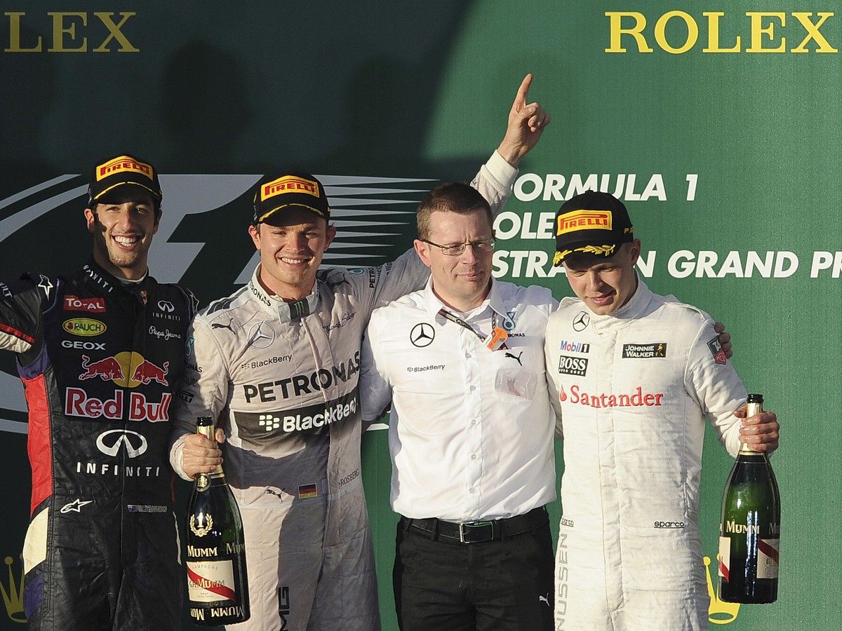 Daniel Ricciardo, Nico Rosberg, Andy Cowell a Kevin Magnussen