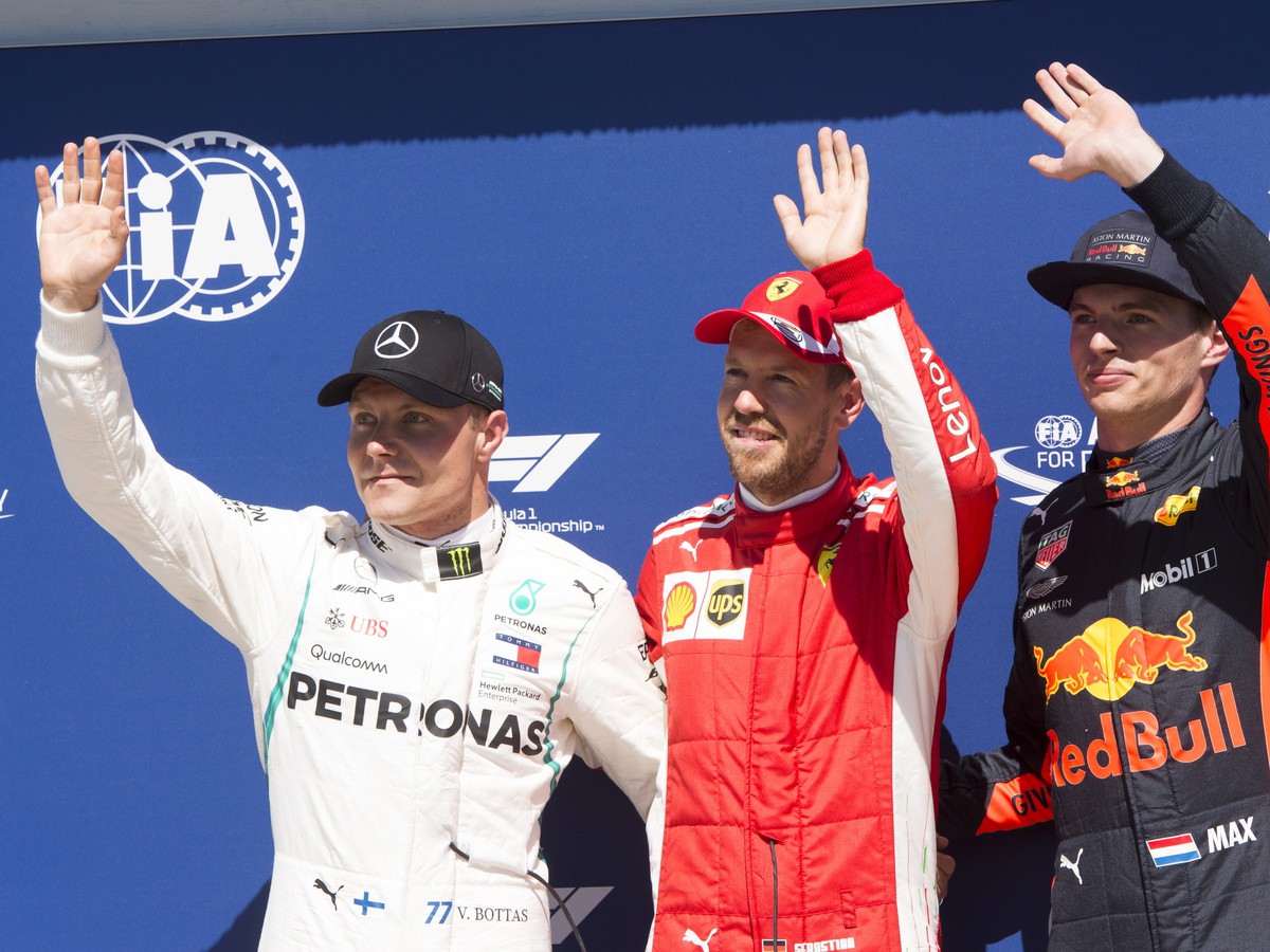Valtteri Bottas, Sebastian Vettel a Max Verstappen po kvalifikácii pred VC Kanady