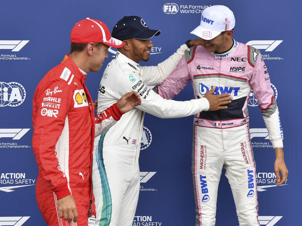 Sebastian Vettel, Lewis Hamilton a Esteban Ocon