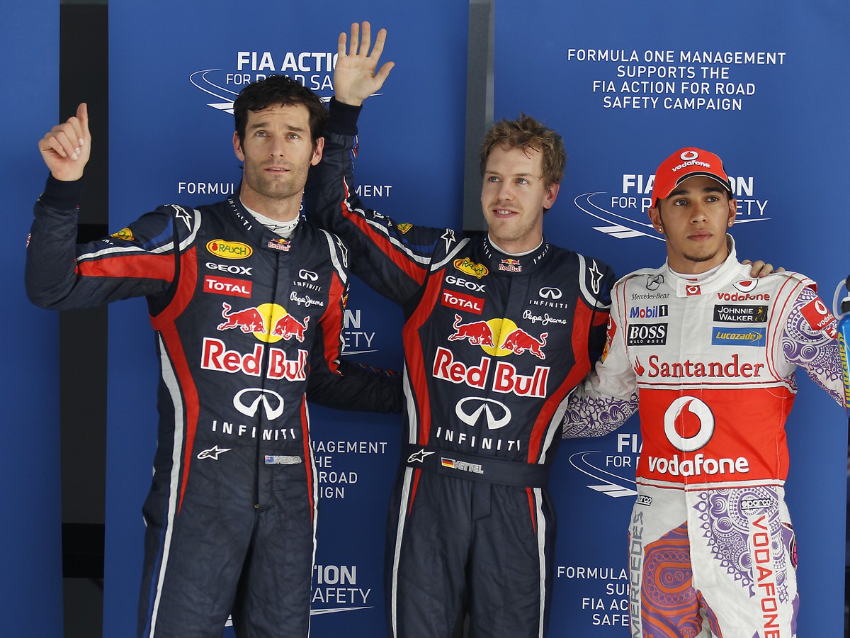 Sebastian Vettel, Lewis Hamilton a Mark Webber po kvalifikácii