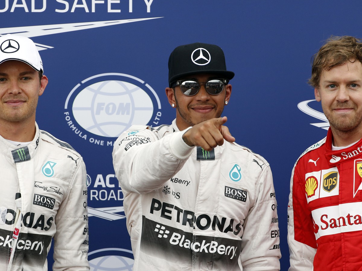 Lewis Hamilton, Nico Rosberg a Sebastian Vettel