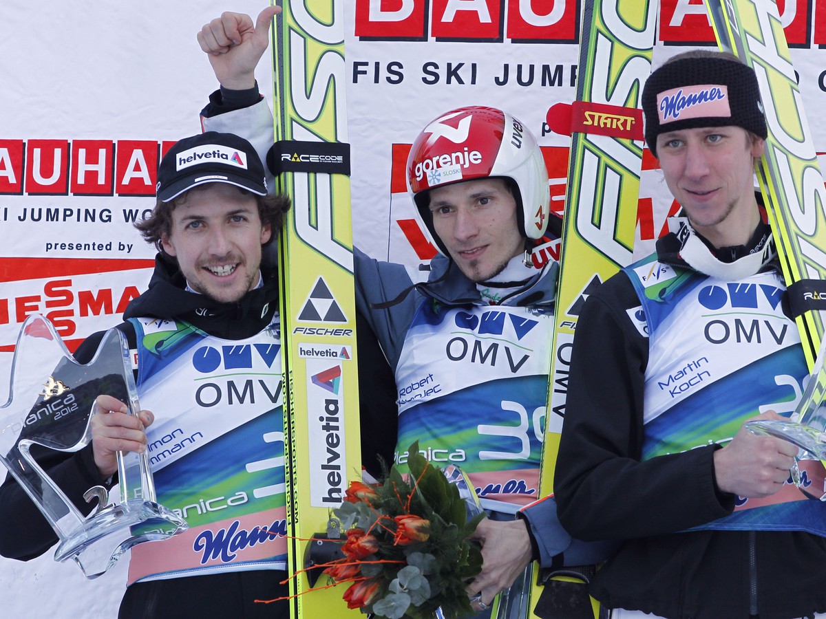 Simon Ammann, víťaz Robert Kranjec a Martin Koch