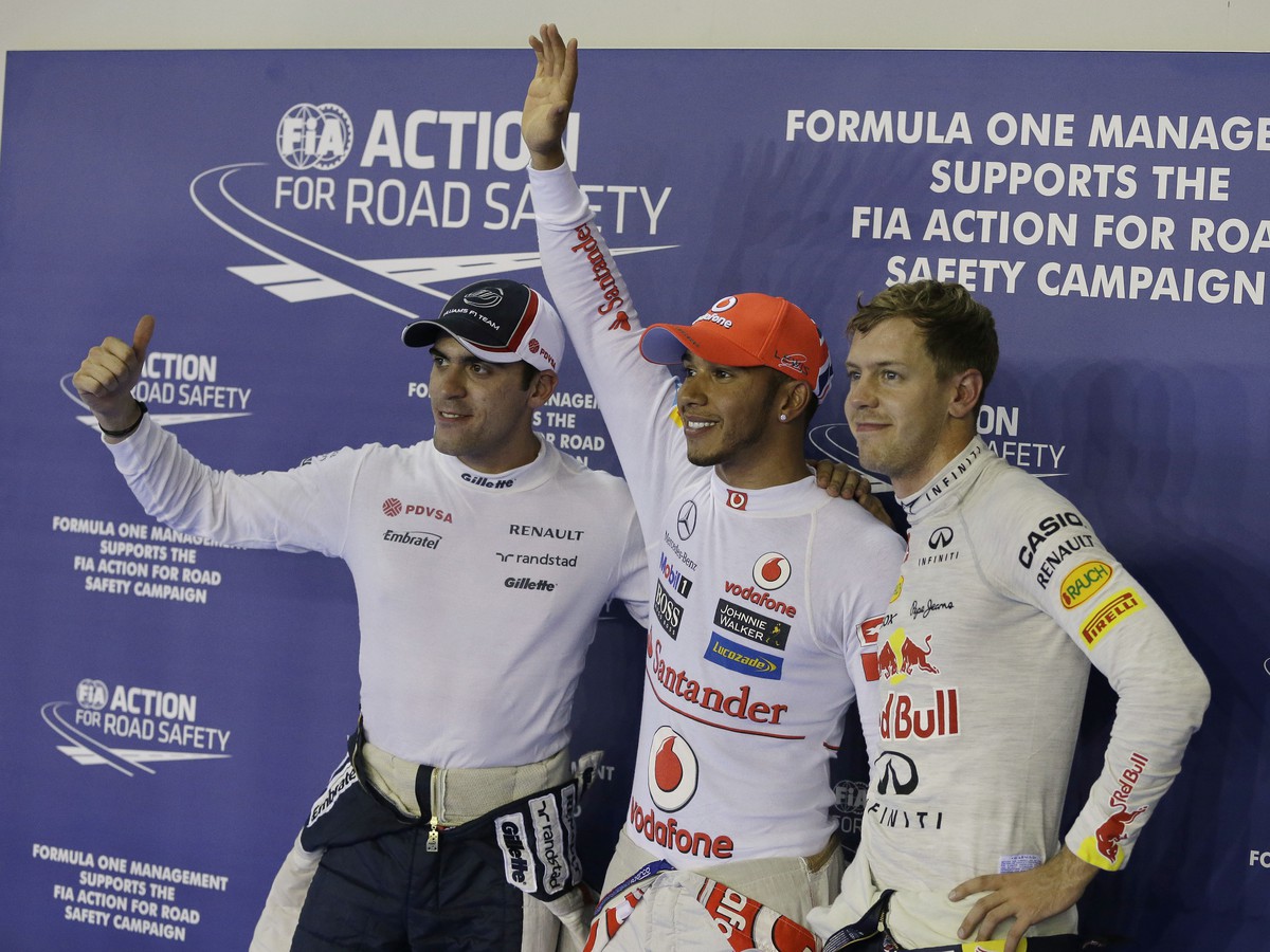 Pastor Maldonado, Lewis Hamilton a Sebastian Vettel