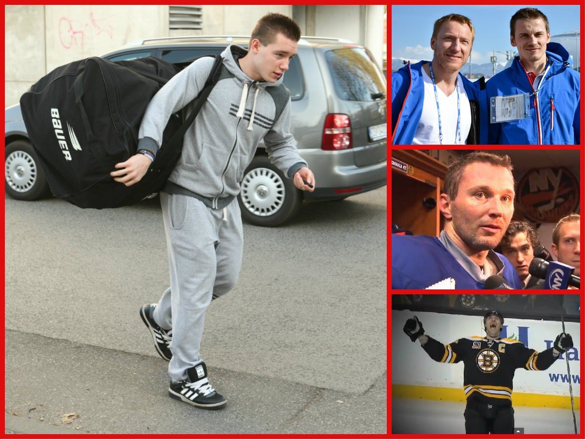 O NHL pred sezónou bojuje 17 Slovákov. Na fotografii Marko Daňo, Marián Hossa s Tomášom Kopeckým, Ľubomír Višňovský a Zdeno Chára
