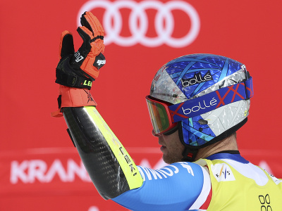 Francúzsky lyžiar Alexis Pinturault reaguje v cieli 2. kola obrovského slalomu Svetového pohára v alpskom lyžovaní v slovinskom stredisku Kranjska Gora