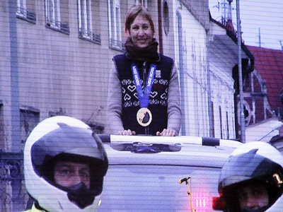 Anastasia Kuzminová počas osláv príchodu držiteľky zlatej olympijskej medaily zo Soči