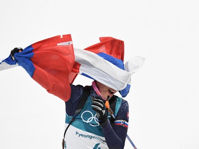 Slovenská biatlonistka Anastasia Kuzminová v cieli pretekov