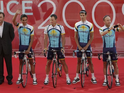 Astana_Johan Bruyneel,  Alberto Contador, Lance Armstrong, Andreas Kloden, Levi Leipheimer, TdF, 4. júla 2009