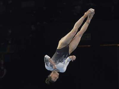 Slovenská gymnastka Barbora Mokošová počas vystúpenia v prostných vo finále viacboja žien na majstrovstvách Európy v športovej gymnastike