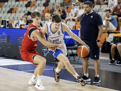 Sprava tréner slovenských basketbalistov Oliver Vidin, Timotej Malovec (Slovensko) a Jakob Löhr (Rakúsko) počas prípravného zápasu