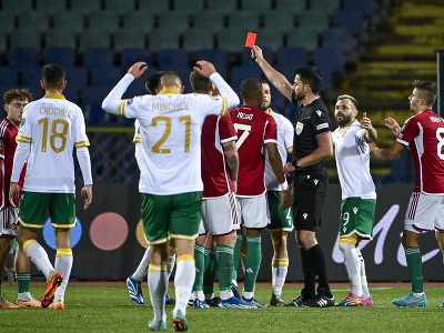 Rozhodca Daniel Stefanski udeľuje červenú kartu hráčovi Bulharska