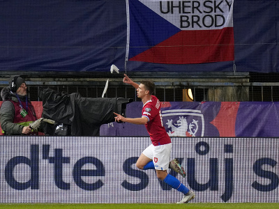 Český hráč David Doudera oslavuje po tom, ako strelil úvodný gól
