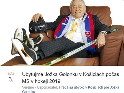 Facebook udalosť: Ubytujme Jožka Golonku v Košiciach počas MS v hokeji 2019