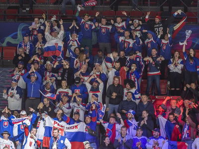 Na snímke slovenskí fanúšikovia sa tešia po strelení gólu v úvodnom zápase slovenskej hokejovej reprezentácie