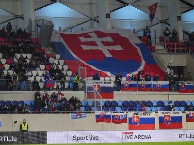 Na snímke slovenskí fanúšikovia počas zápasu kvalifikácie  J-skupiny ME 2024 Luxembursko - Slovensko v Luxemburgu 16. októbra 2023