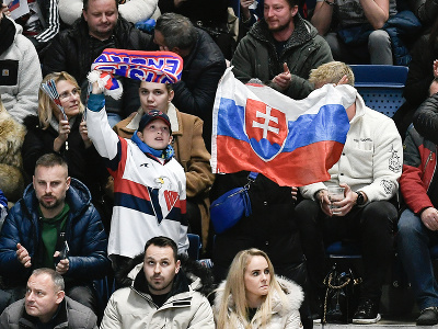 Na snímke slovenskí hokejoví fanúšikovia povzbudzujú počas zápasu Slovensko – Nórsko