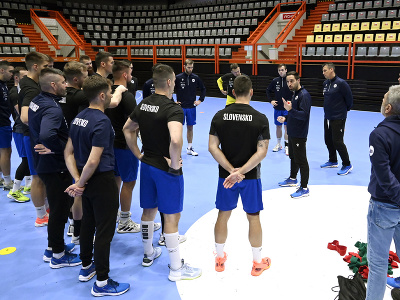 Tréner slovenskej hádzanárskej reprezentácie mužov Fernando Gurich (uprostred) dáva pokyny hráčom počas tréningu