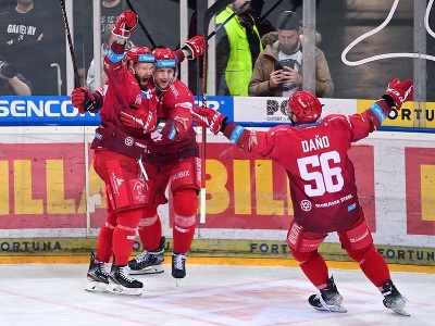 Marko Daňo (vpravo) oslavuje gól so spoluhráčmi