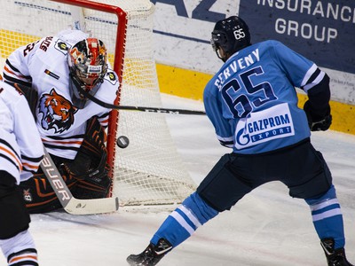 Na snímke hokejista Rudolf Červený (Slovan) strieľa na bránu súpera