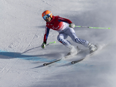 Slovenská zjazdová lyžiarka Henrieta Farkašová počas súťaže v paraalpskom lyžovaní - superobrovský slalom žien v rámci XIII. zimných paralympijských hier 2022 v Pekingu