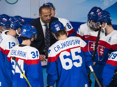 Na snímke uprostred asistent trénera Ján Pardavý rozpráva s hráčmi v zápase základnej C-skupiny Švédsko - Slovensko na ZOH 2022 v hokeji mužov v Pekingu