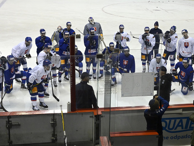 Na snímke hlavný tréner hokejovej reprezentácie Slovenska Craig Ramsay (vpravo dole) hovorí k hráčom na ľade počas zrazu reprezentácie SR pred prípravnými zápasmi s Českom v Trenčíne 19. apríla 2022. 