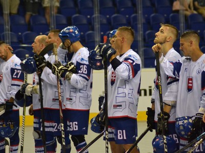 Na snímke slovenskí hokejbalisti