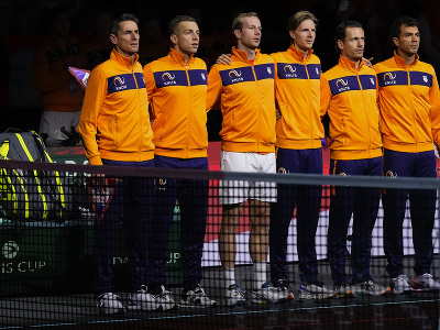 Daviscupový tím Holandska - zľava Paul Haarhuis, nehrajúci kapitán, ďalej Tallon Griekspoor, Botic Van De Zandschulp, Gijs Brouwer, Wesley Koolhof a Jean-Julien Rojer
