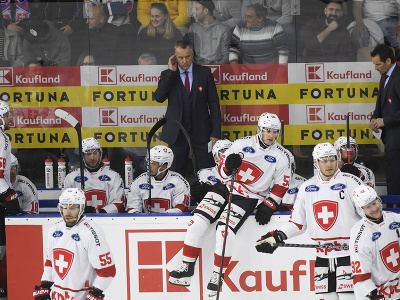 Tréner švajčiarskej hokejovej reprezentácie Patrick Fischer (vpravo hore) stojí na striedačke
