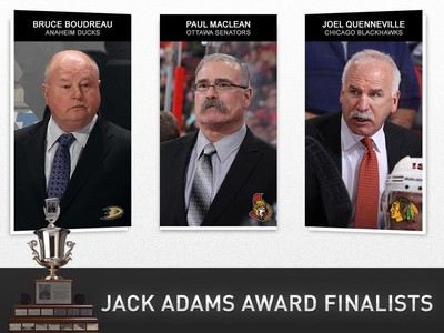 Kandidáti na Jack Adams Award: Bruce Boudreau (Anaheim), Paul MacLean (Ottawa) a Joel Quenneville (Chicago)