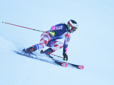 Chorvátka Zrinka Ljutičová trénuje na zjazdovke, ktoré nesie meno Petry Vlhovej počas mediálneho dňa pred pretekmi Svetového pohára alpských lyžiarok v Jasnej vo štvrtok 11. januára 2024. Preteky sa uskutočnia koncom januára. 