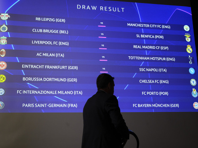 Na snímke vyžrebované dvojice osemfinále Ligy majstrov vo futbale v sídle UEFA vo švajčiarskom Nyone v pondelok 7. novembra 2022.