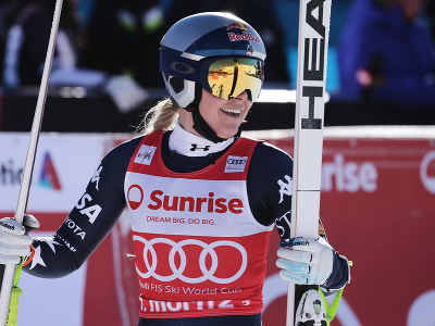 Lindsey Vonnová sa teší v cieli zjazdu Svetového pohára 