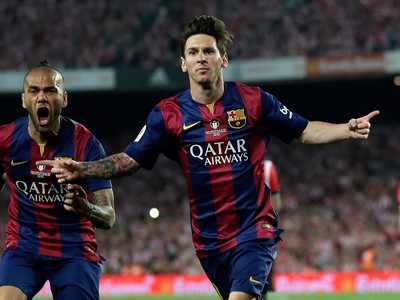 Lionel Messi oslavuje otvárací gól finále Copa del Rey