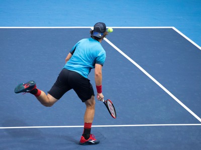 Slovenský tenista Lukáš Lacko počas tenisového zápasu 1. kola dvojhry mužov na turnaji ATP Challenger Tour Peugeot Slovak Open
