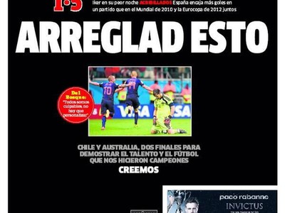 Čierna titulka španielského denníka Marca po zdrvujúcej prehre s Holandskom