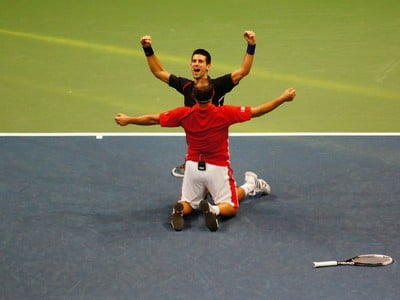 Marián Vajda a Novak Djokovič po víťazstve