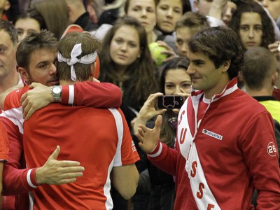 Michael Lammer, Stanislas Wawrinka a Roger Federer