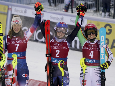 Mikaela Shiffrinová, Leona Popovičová a Lena Dürrová na stupňoch víťazov